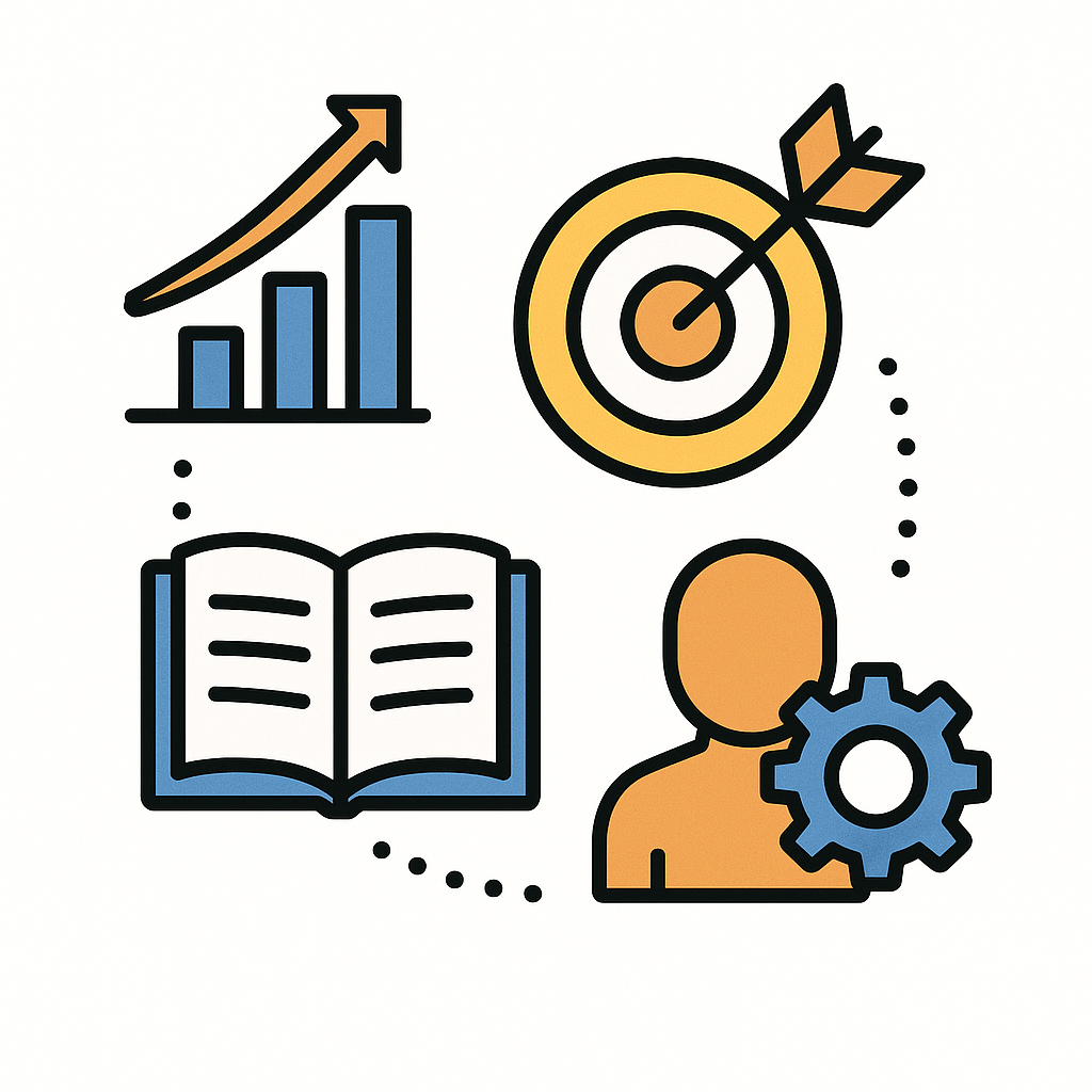 Collection of icons representing growth, goal achievement, learning, and user settings.