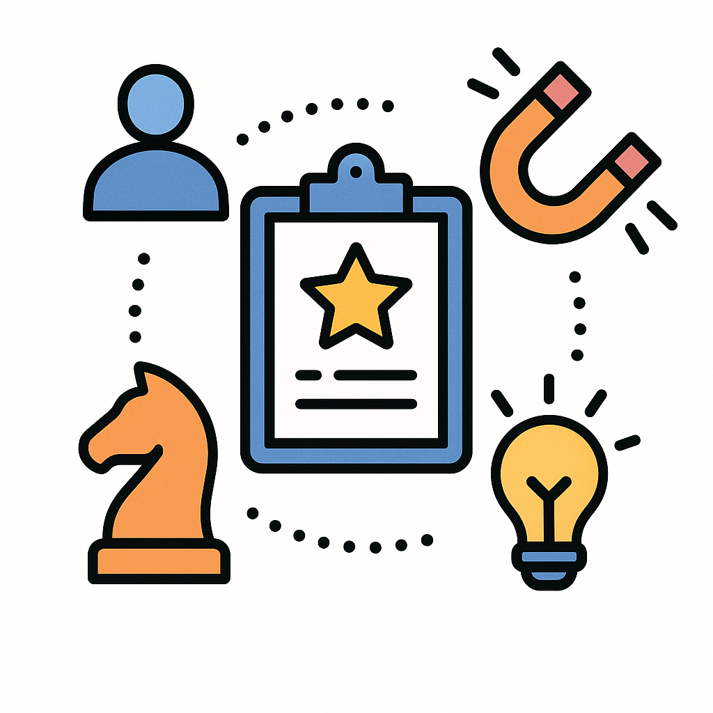 Icons representing a person, a magnet, a light bulb, a chess knight, and a clipboard with a star, connected with dotted lines.