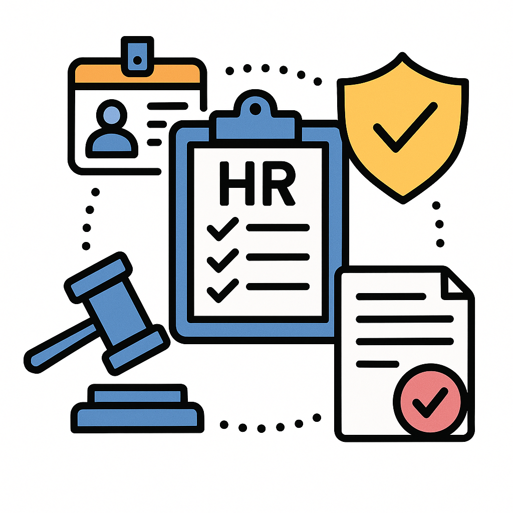 Illustration of HR-related icons including a clipboard with checkmarks, a shield with a checkmark, a gavel, identification badges, and a document, representing human resources and legal compliance.