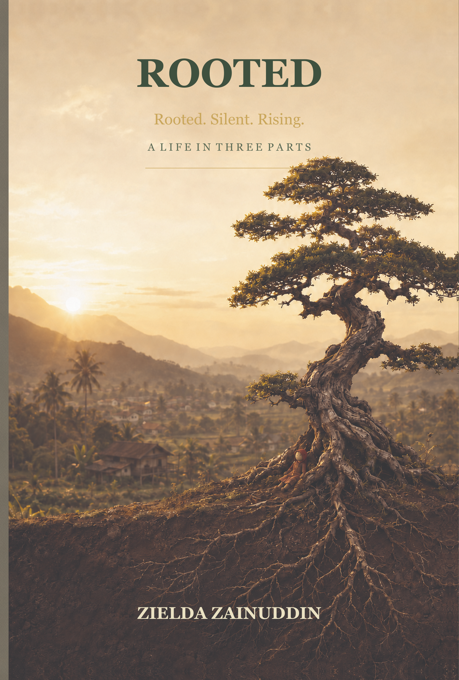 A large, gnarled tree with extensive roots on a hillside overlooking a village at sunset, with mountains in the background. The book title "Rooted" and author "Zielda Zainuddin" are overlaid.