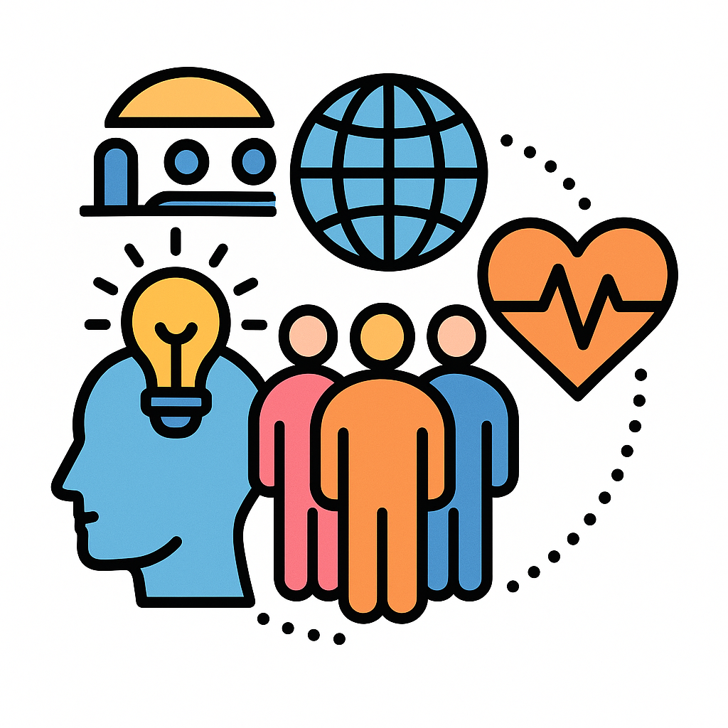 Icons representing community, global connectivity, health, ideas, and teamwork, including a human head with a light bulb, a globe, a heart with a heartbeat, a group of people, and a house.