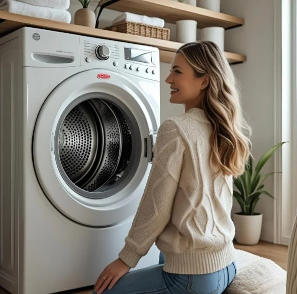 A woman with long wavy hair smiling while kneeling next to a front-loading washing machine in a laundry room with shelves and a potted plant.