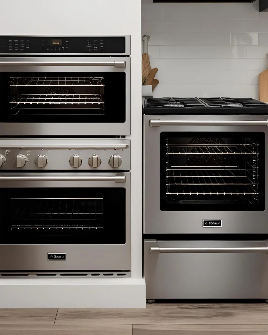 Two modern stainless steel ovens in a kitchen with white wall tiles and wooden flooring.