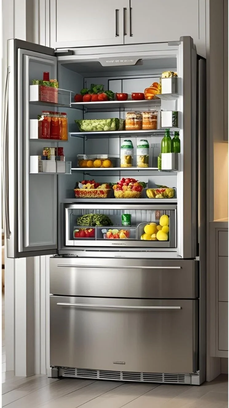 Open stainless steel refrigerator filled with various fresh fruits, vegetables, and beverages, in a modern kitchen