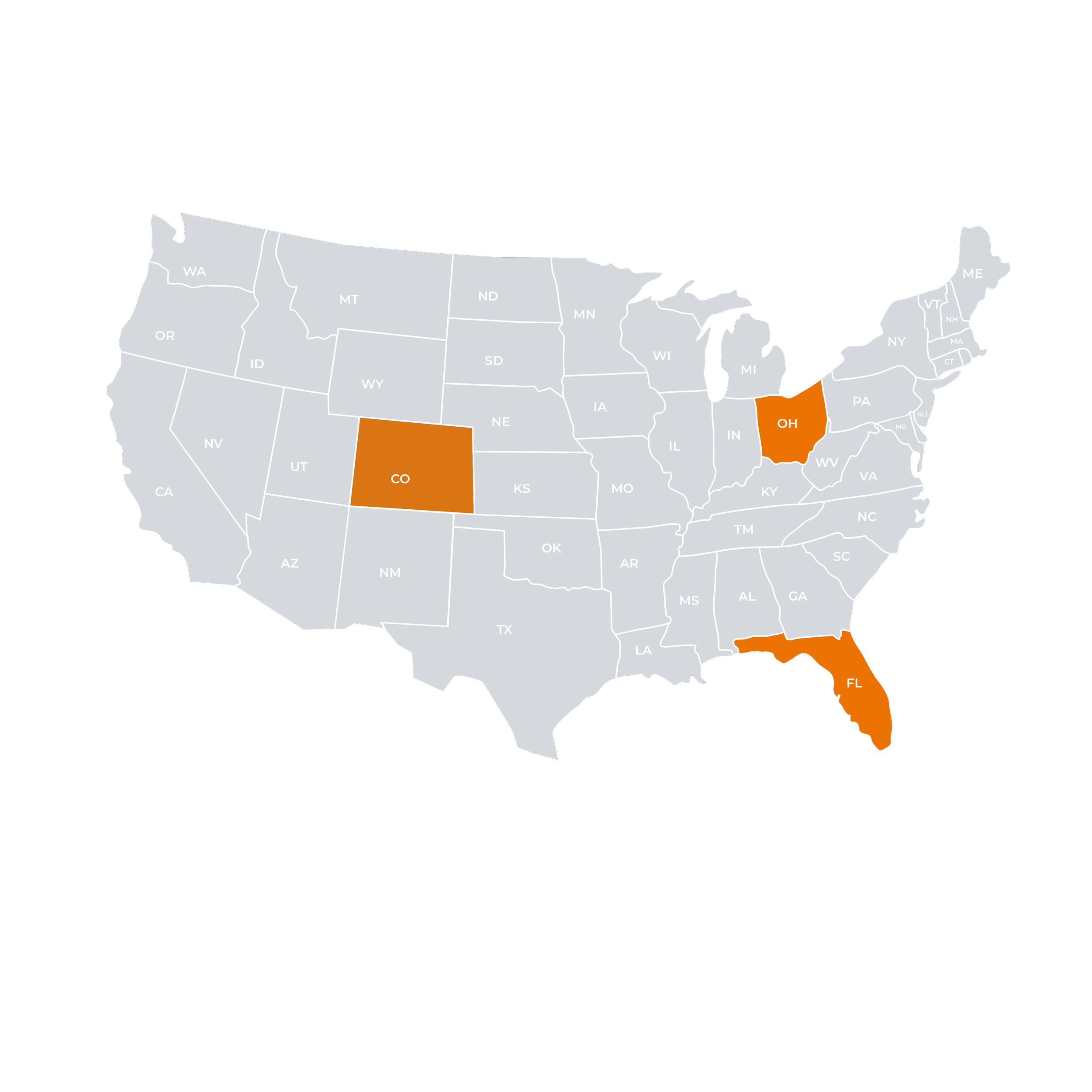 Map of the United States highlighting Colorado, Ohio, Florida in orange.
