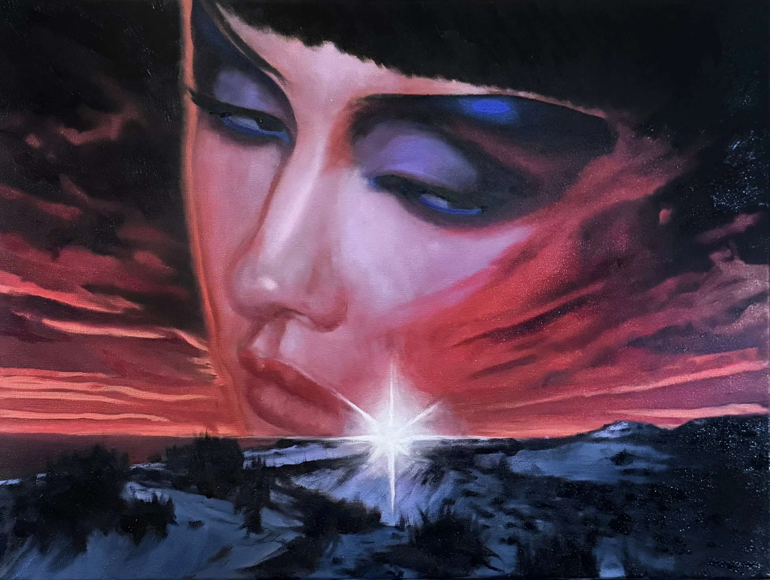 Surreal oil painting of woman's face emerging from a crimson sunset sky above a dark winter landscape. Illuminated by a radiant star on the horizon.