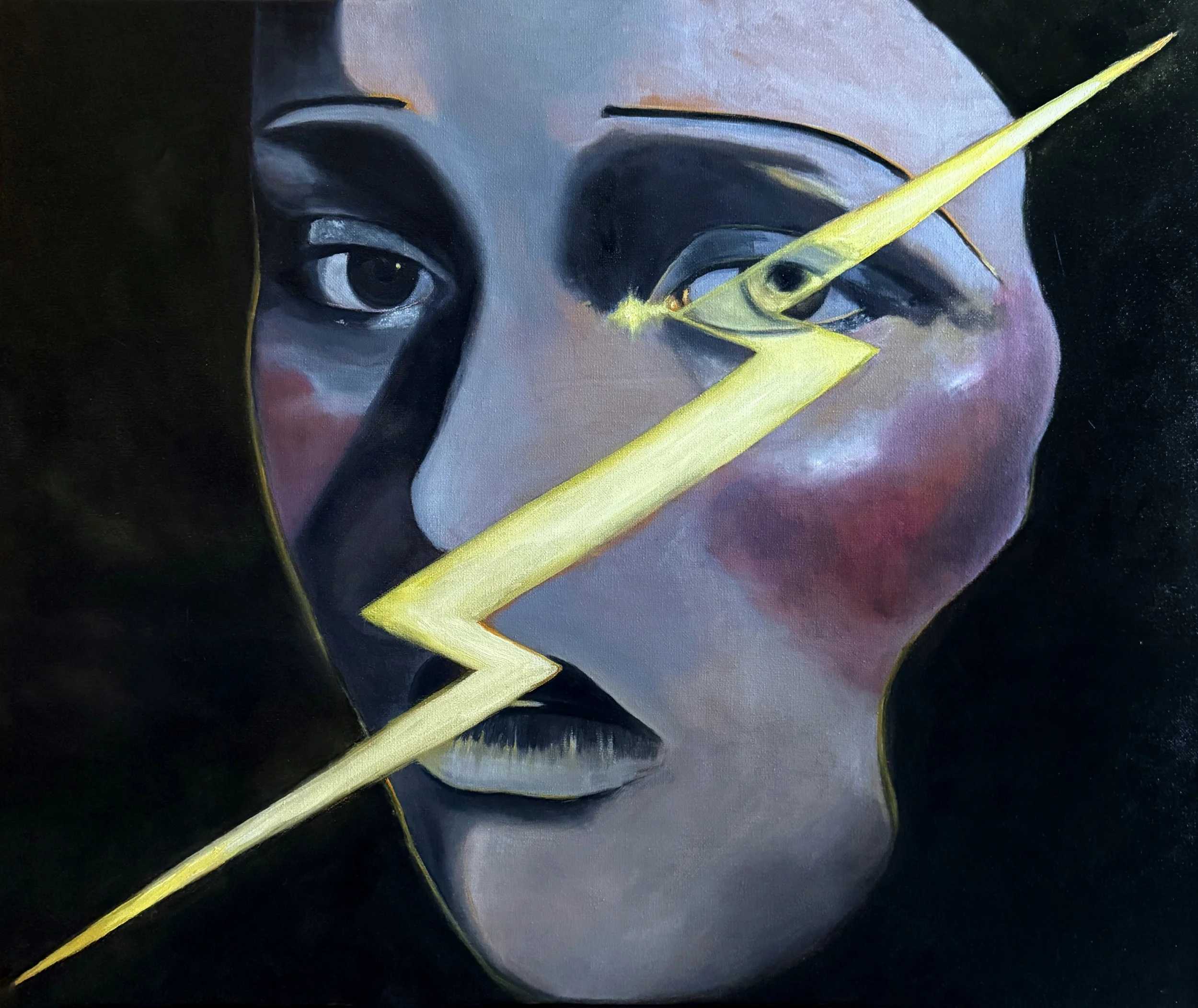 A close-up artwork of a person's face with intense eyes, painted in realistic style with dark shadows, and a yellow lightning bolt crossing the face.