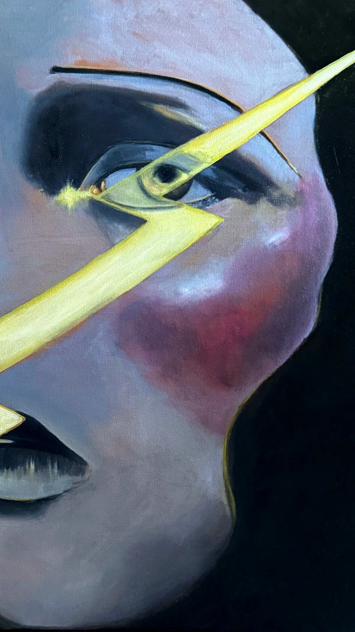 A close-up painting of a human face with a yellow lightning bolt across it, covering one eye, in a surreal style.