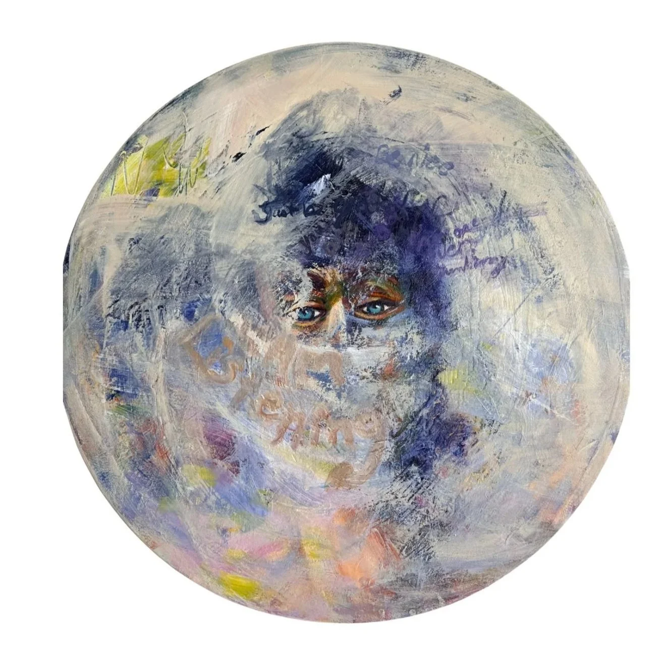 The eyes stay present while the words “be nice” soften the moment. It reflects noticing the inner voice without letting it decide who I am.