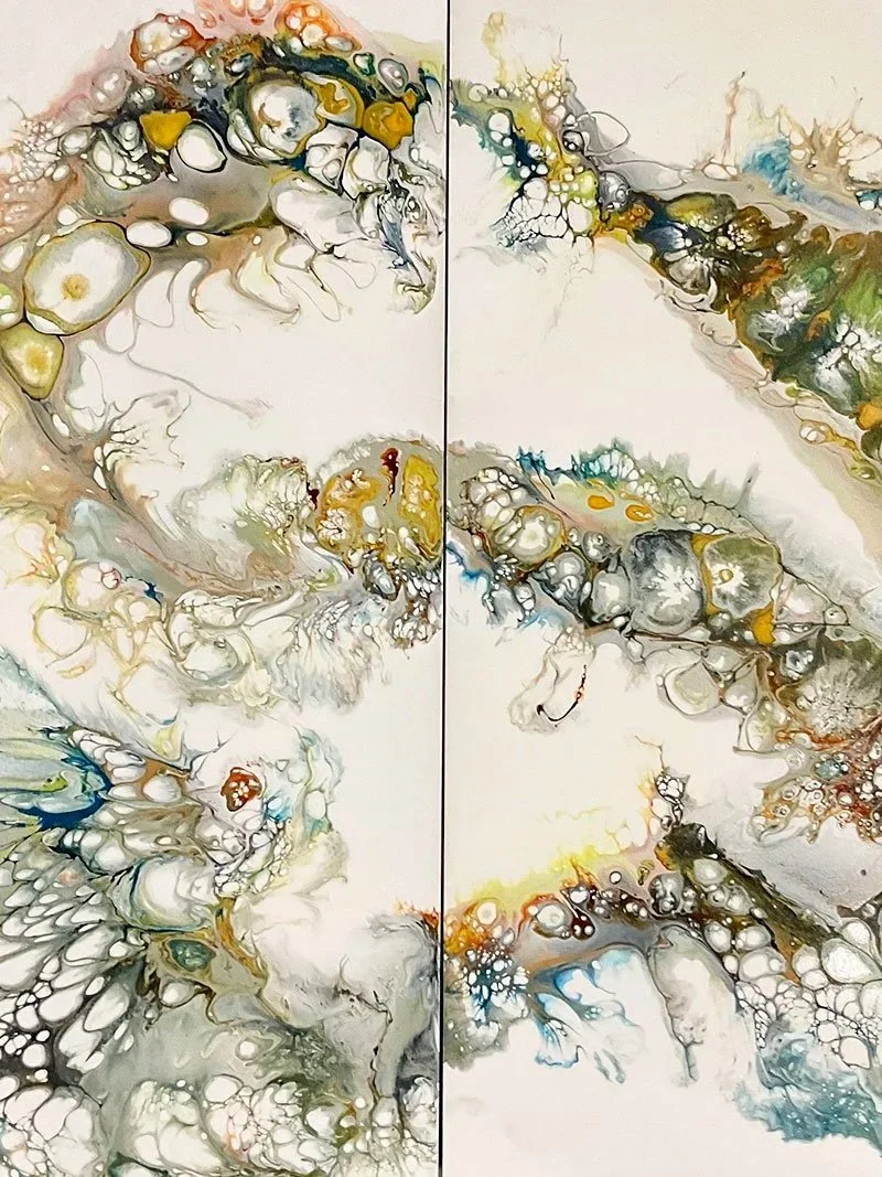 Abstract paint splatters in various shades of beige, white, gray, blue, yellow, and green forming fluid, organic shapes divided by a central line into two sections. For Sale $1795