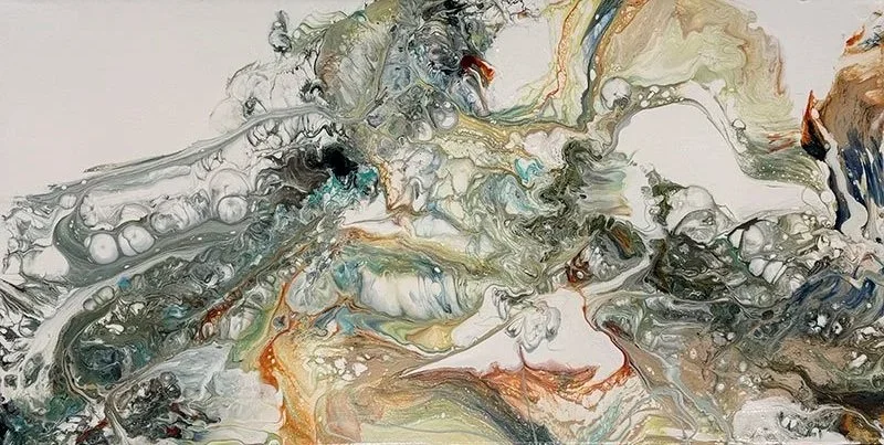 Abstract painting with swirls of black, gray, white, beige, and hints of orange and blue colors.