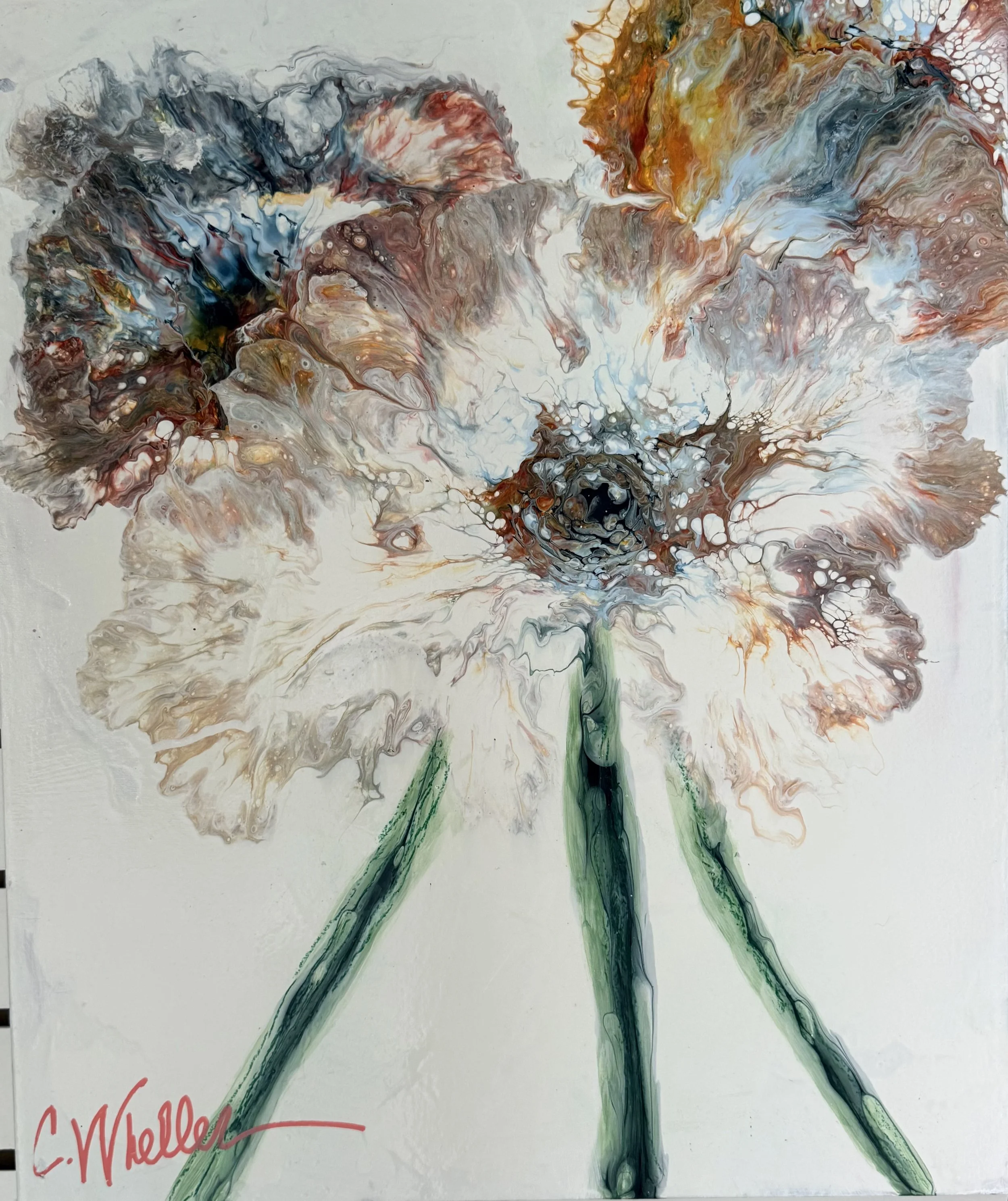 Abstract watercolor painting of a flower with multicolored petals and green stem, with signature 'C. Weller' in red at the bottom left.