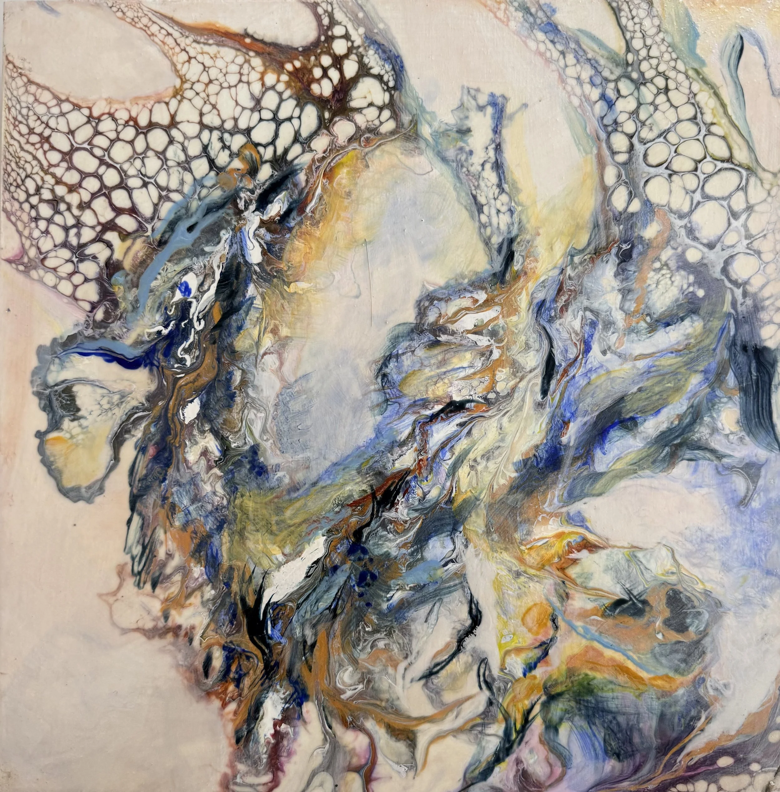 Abstract painting with a mix of colors, including black, white, yellow, orange, blue, and pink, creating a flowing, marbled pattern.