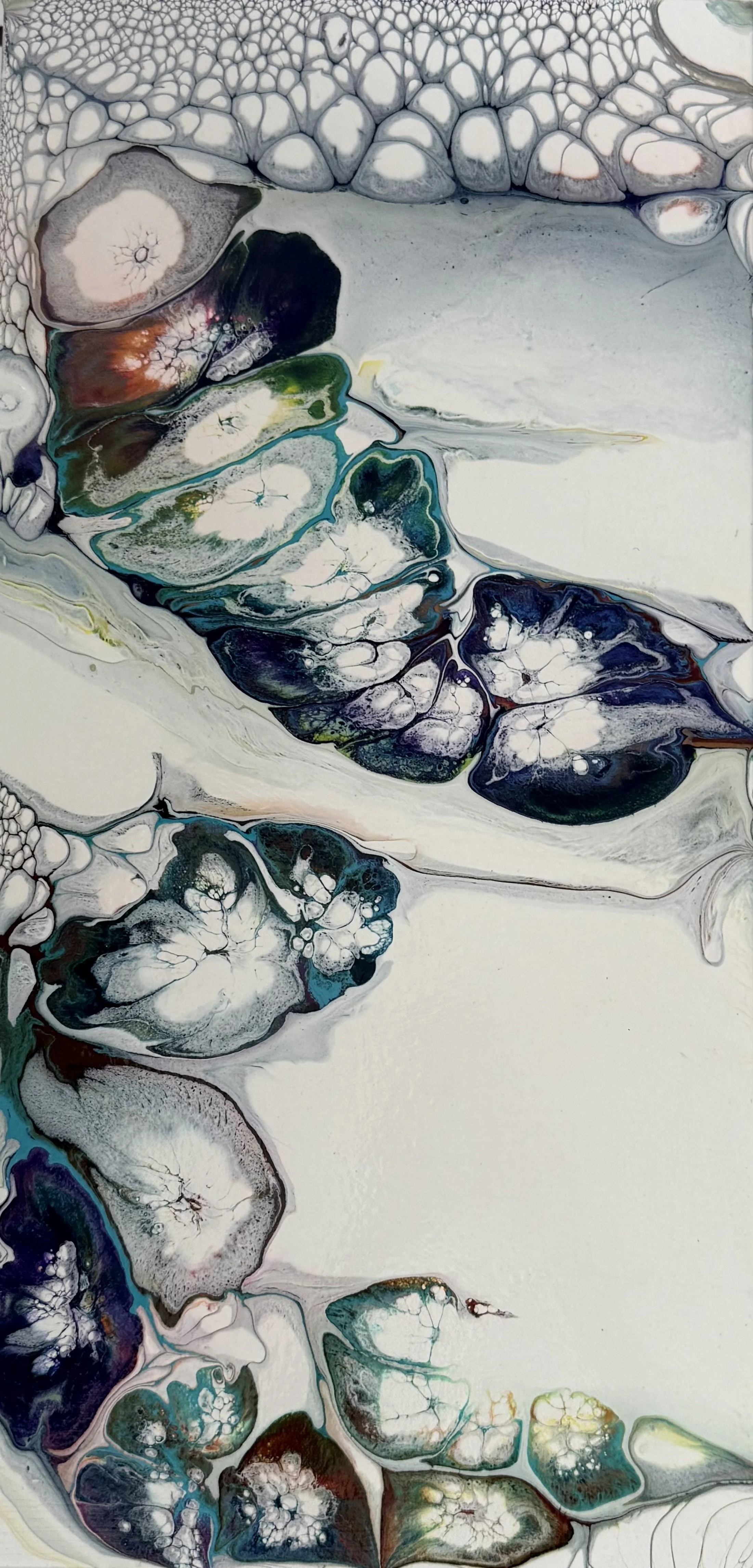 Abstract fluid art painting with swirls and cells in black, white, green, blue, purple, and hints of red and yellow.