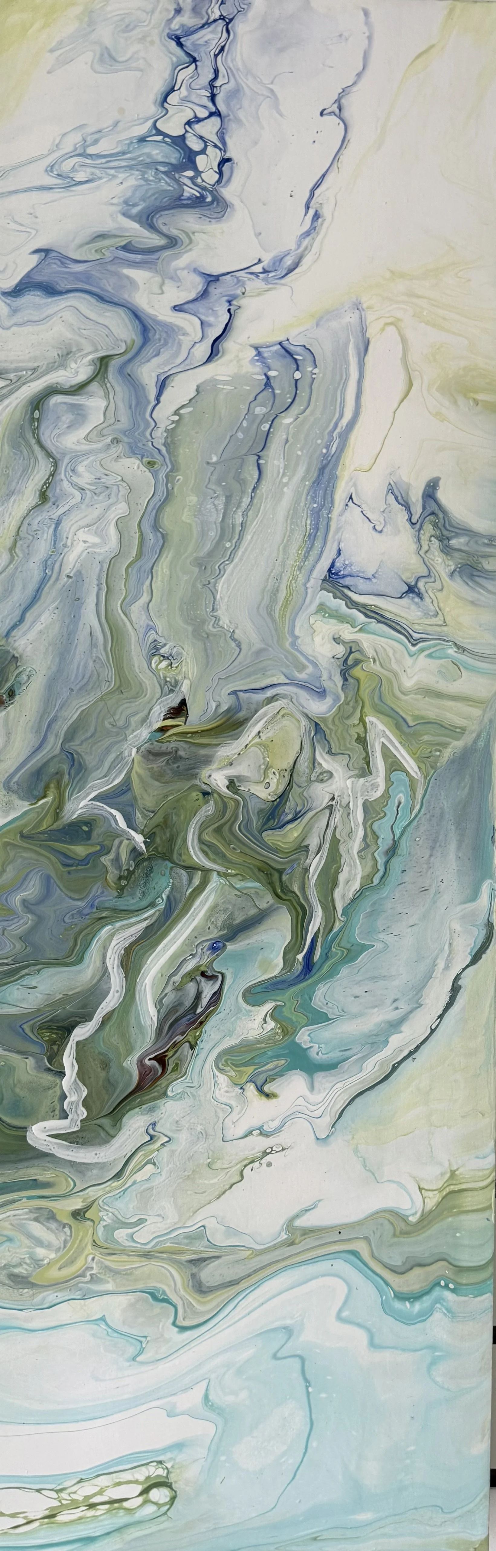 Abstract painting with swirling patterns in shades of blue, green, white, and hints of yellow.