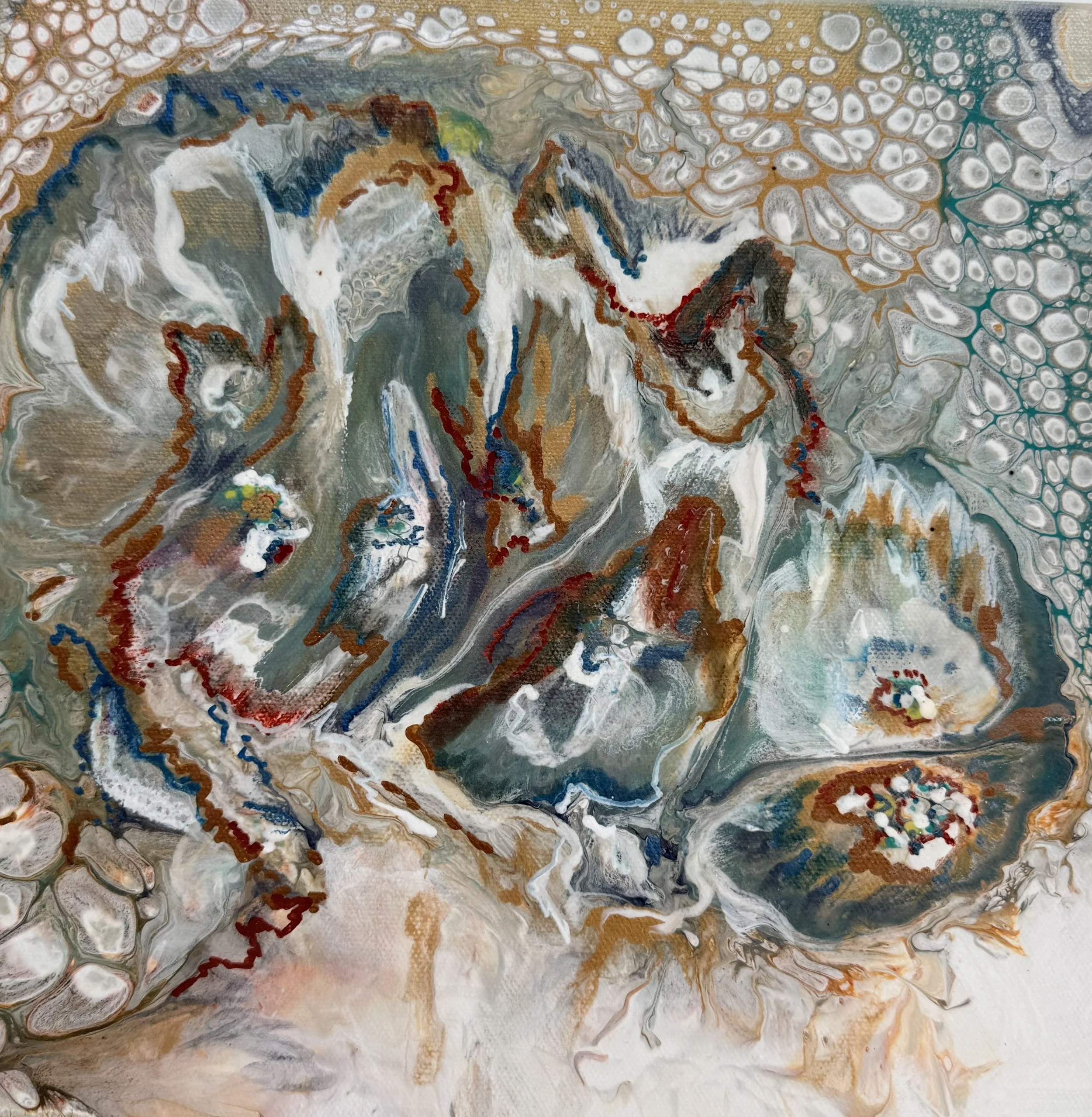 Abstract painting with swirling patterns in shades of gray, white, brown, red, blue, and hints of yellow, green, and black.