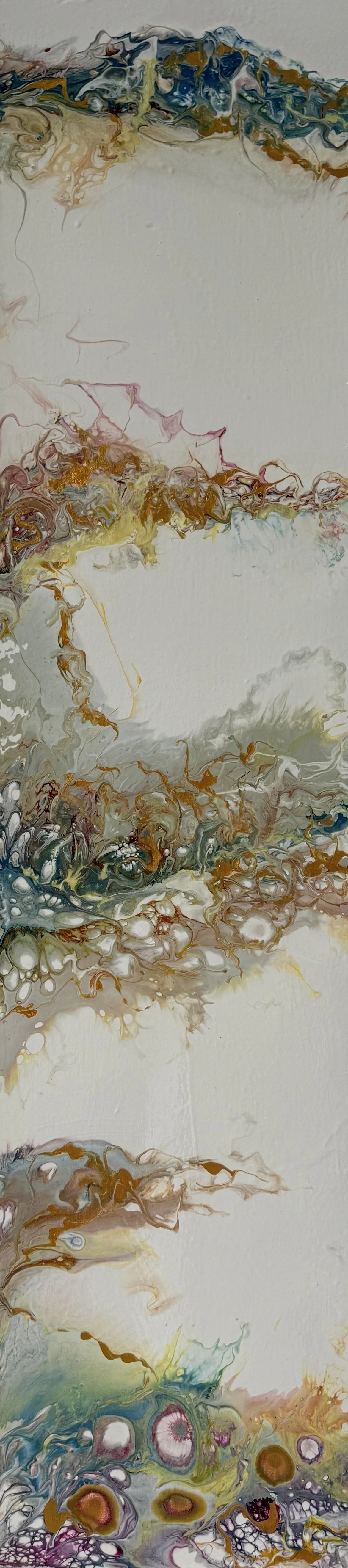 Abstract fluid art painting with swirling colors including blues, golds, pinks, browns, and whites on a vertical canvas.