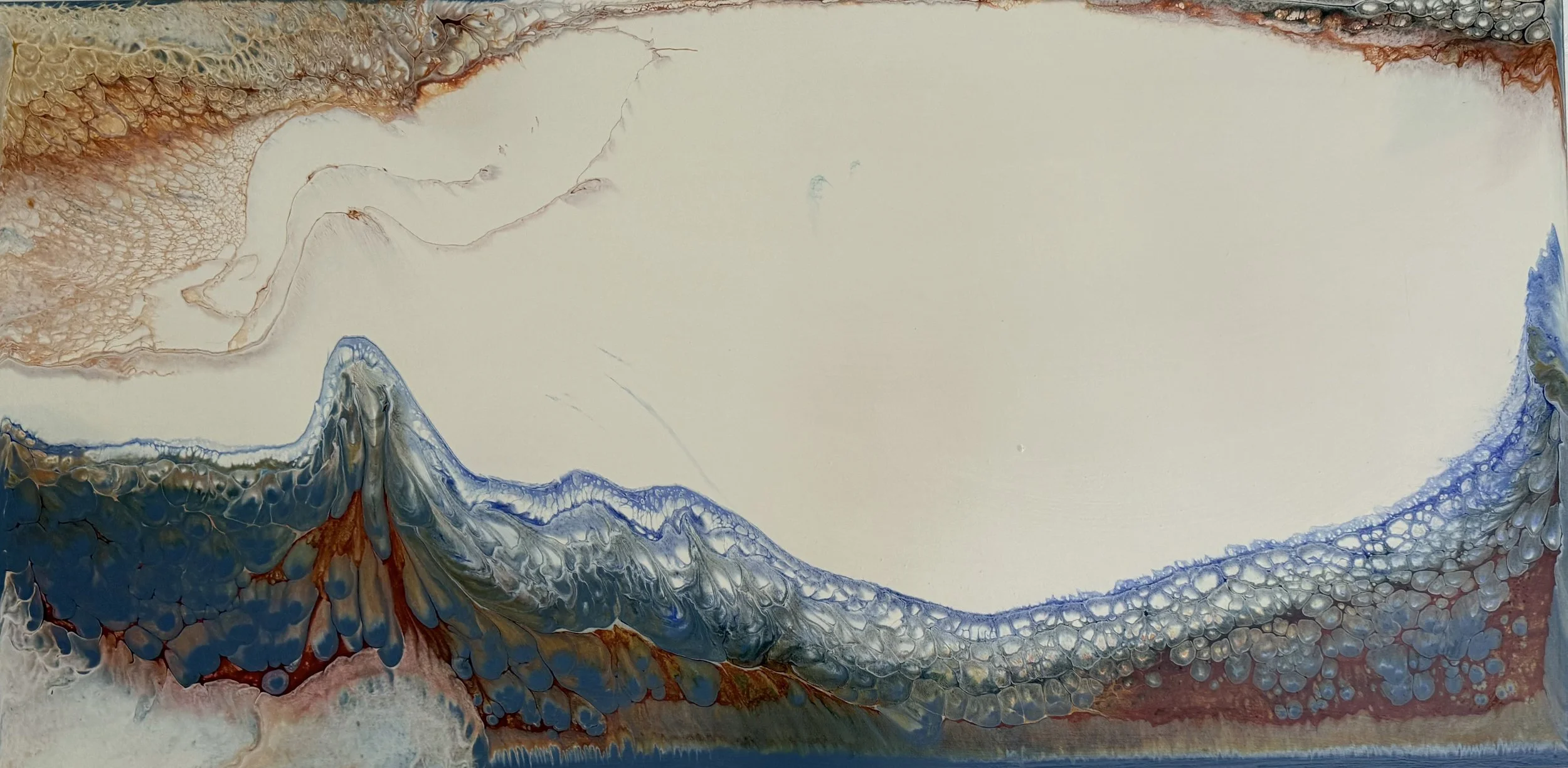 Abstract painting with flowing patterns in shades of orange, blue, and cream.