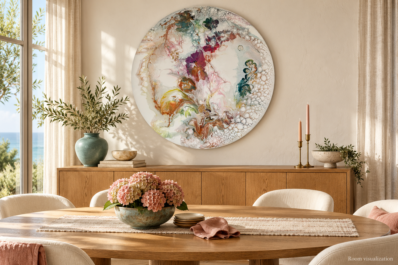 Room visualization of Cheryl Wheeler’s 32-inch round painting Petal Tide in a warm oak dining room.