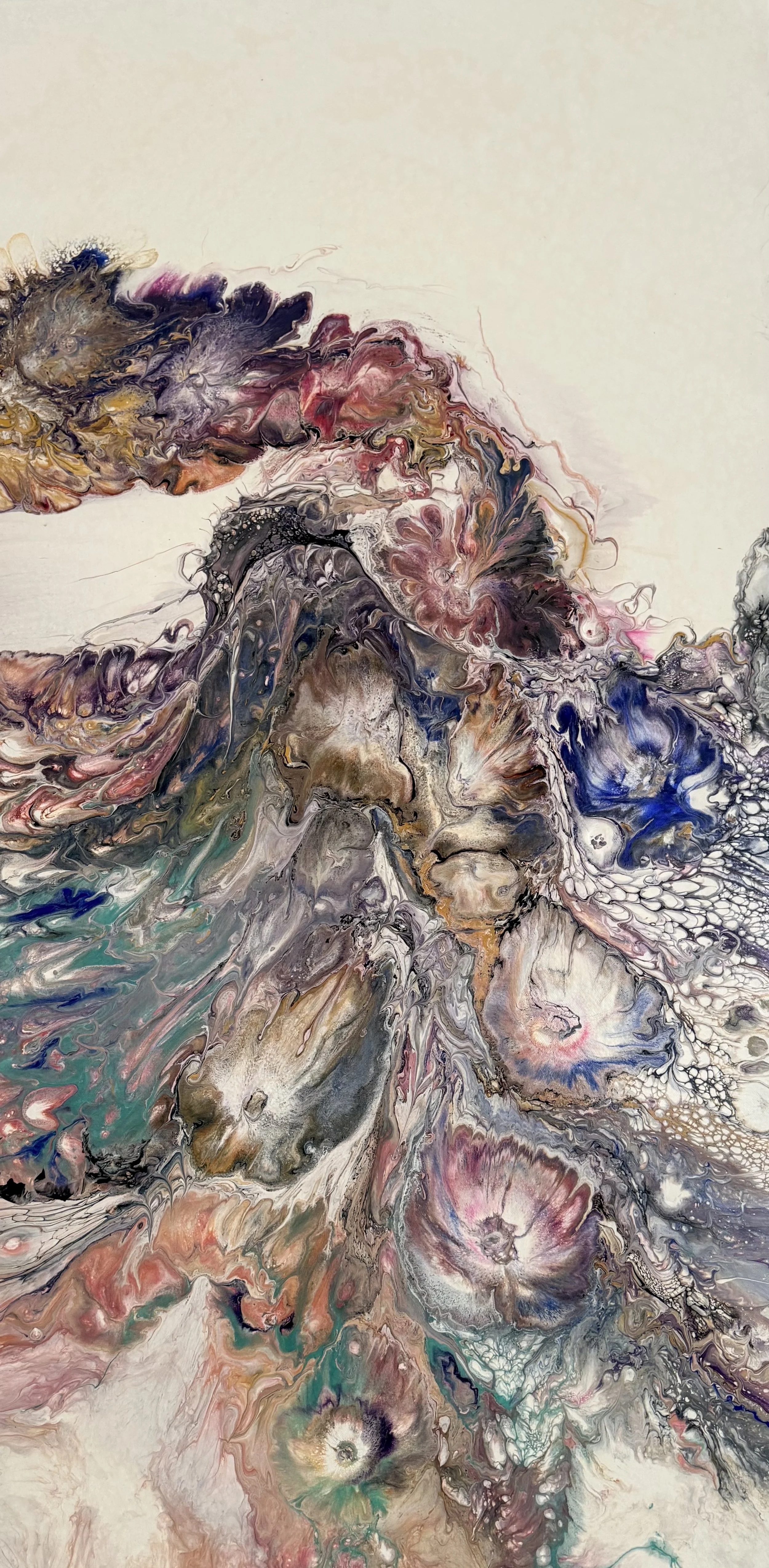 Abstract painting with swirling colors of pink, purple, black, white, beige, green, and blue on a light background.