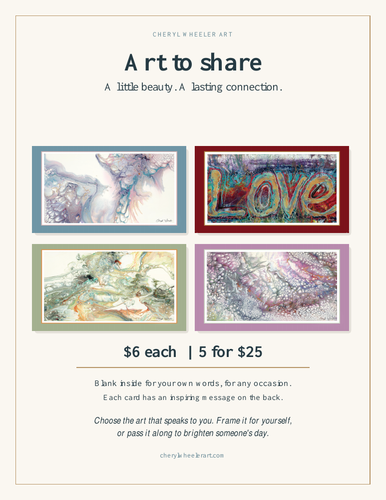Cheryl Wheeler art cards poster showing four abstract artworks, six dollars each or five for twenty-five dollars