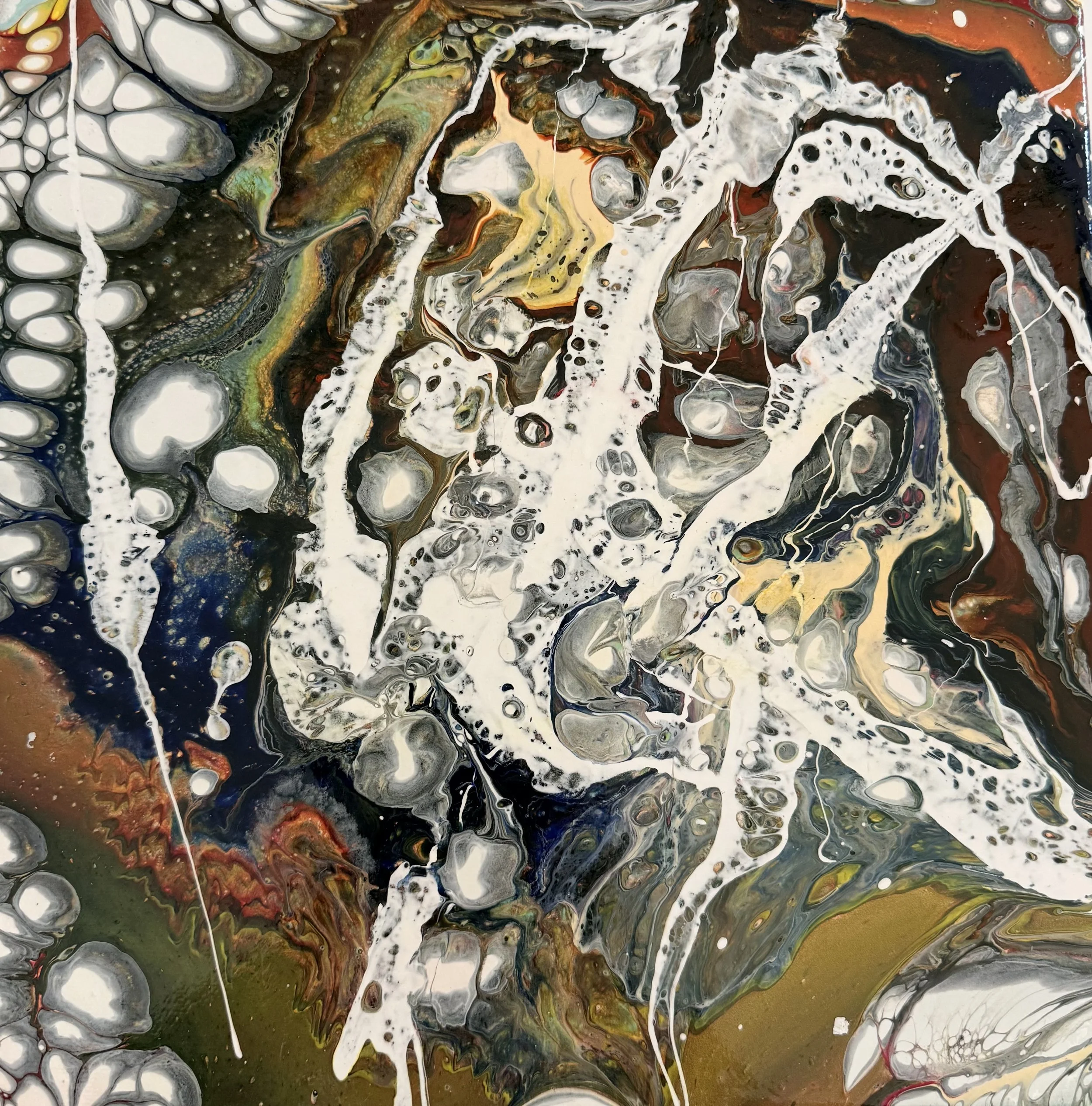 Abstract painting with swirling patterns of black, white, brown, green, yellow, and hints of red and blue, resembling organic shapes and cellular structures.