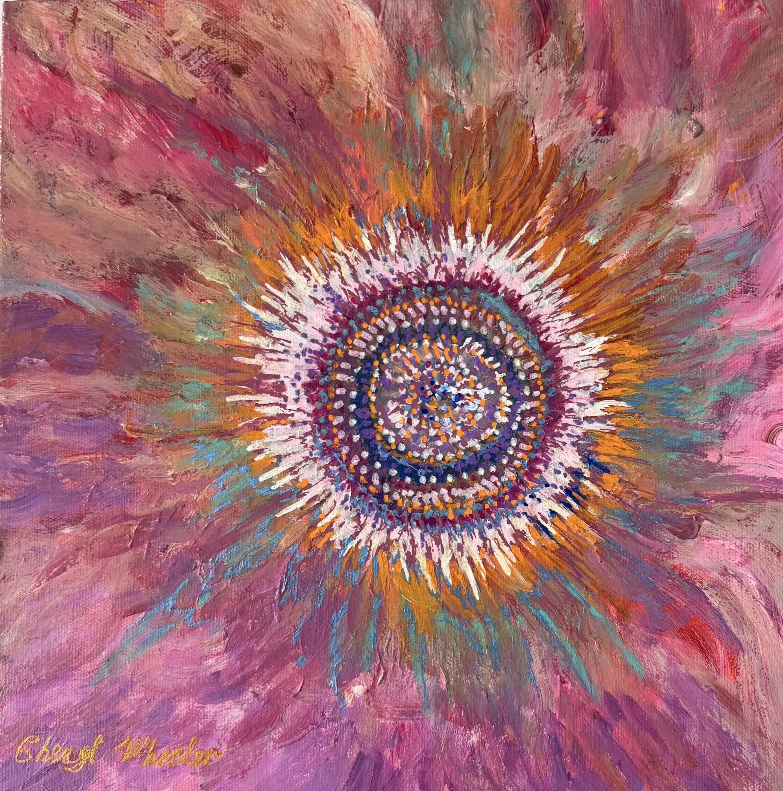 Close-up of an abstract painting with vibrant pink, orange, and purple brushstrokes, with a signature reading 'Chayt Whaler' in yellow at the lower left corner.