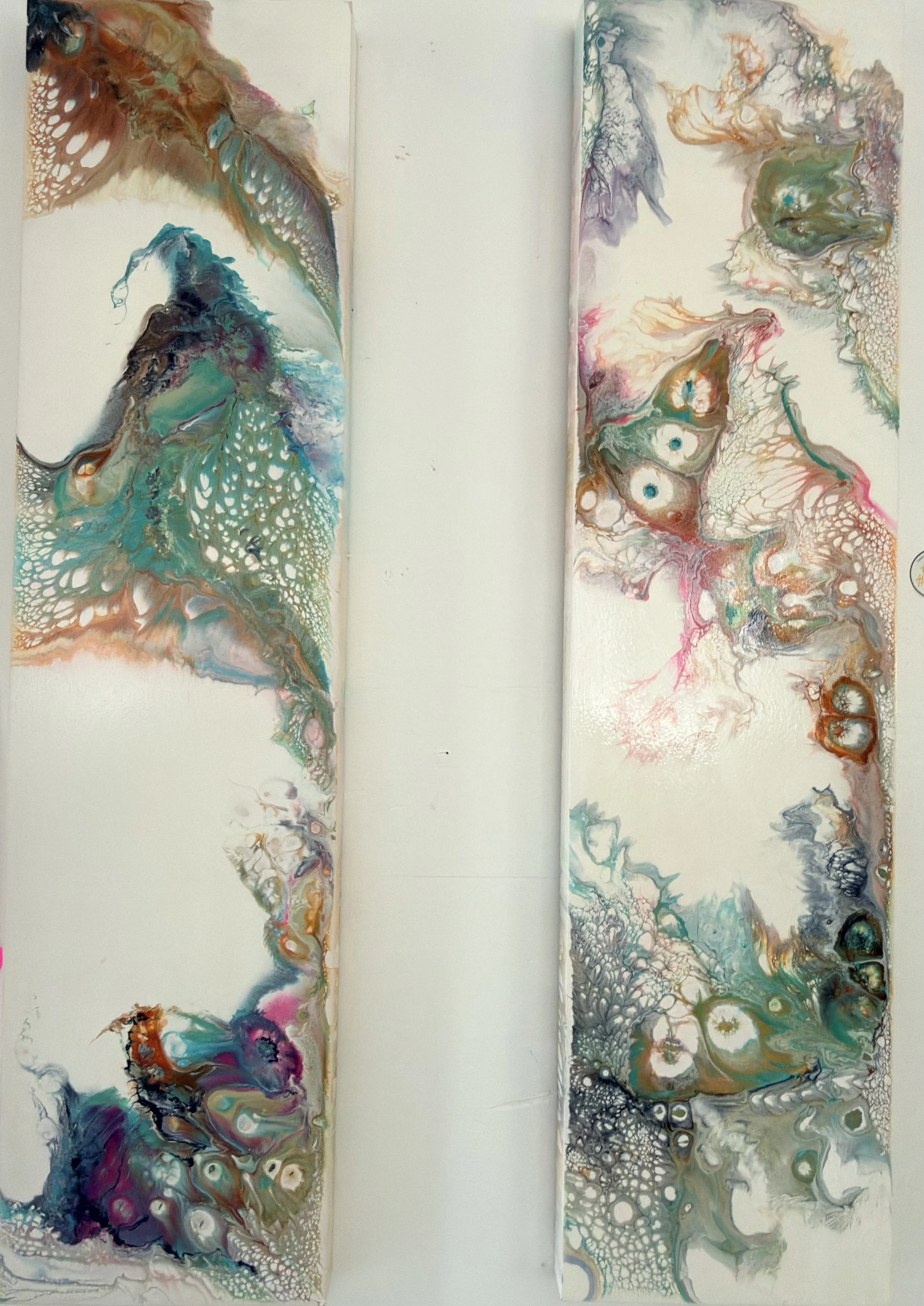Two abstract fluid paintings with intricate patterns and vibrant colors on a white background.