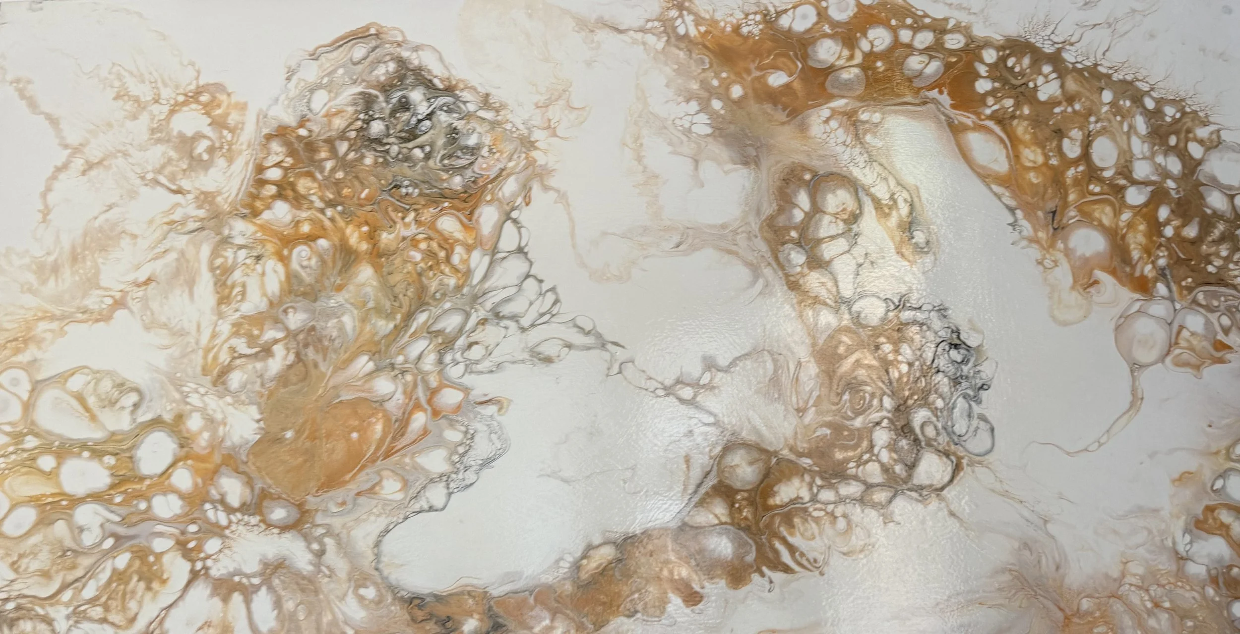 Abstract fluid art painting with swirls and cells in shades of white, gold, beige, and black.