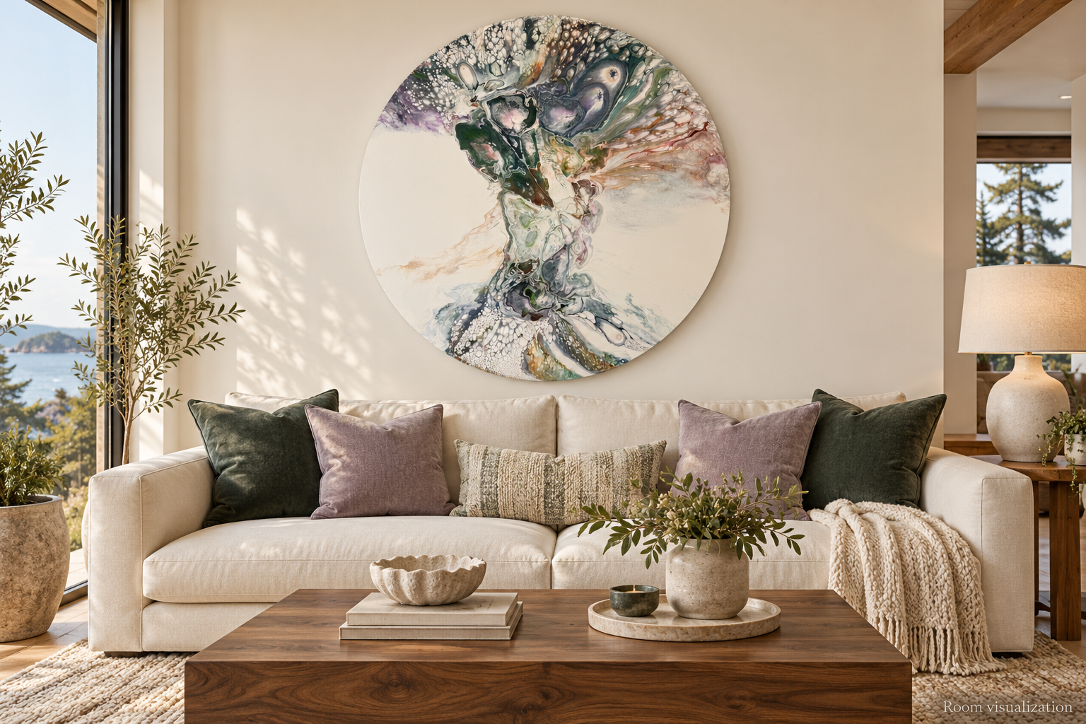 Room visualization of Cheryl Wheeler’s 44-inch round painting Whispers of Grace above a cream sofa with green and lavender accents.
