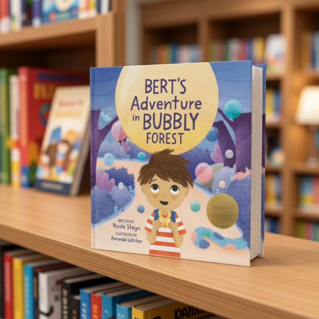 Colourful cover of children's book Bert's Adventure in Bubbly Forest in a library.