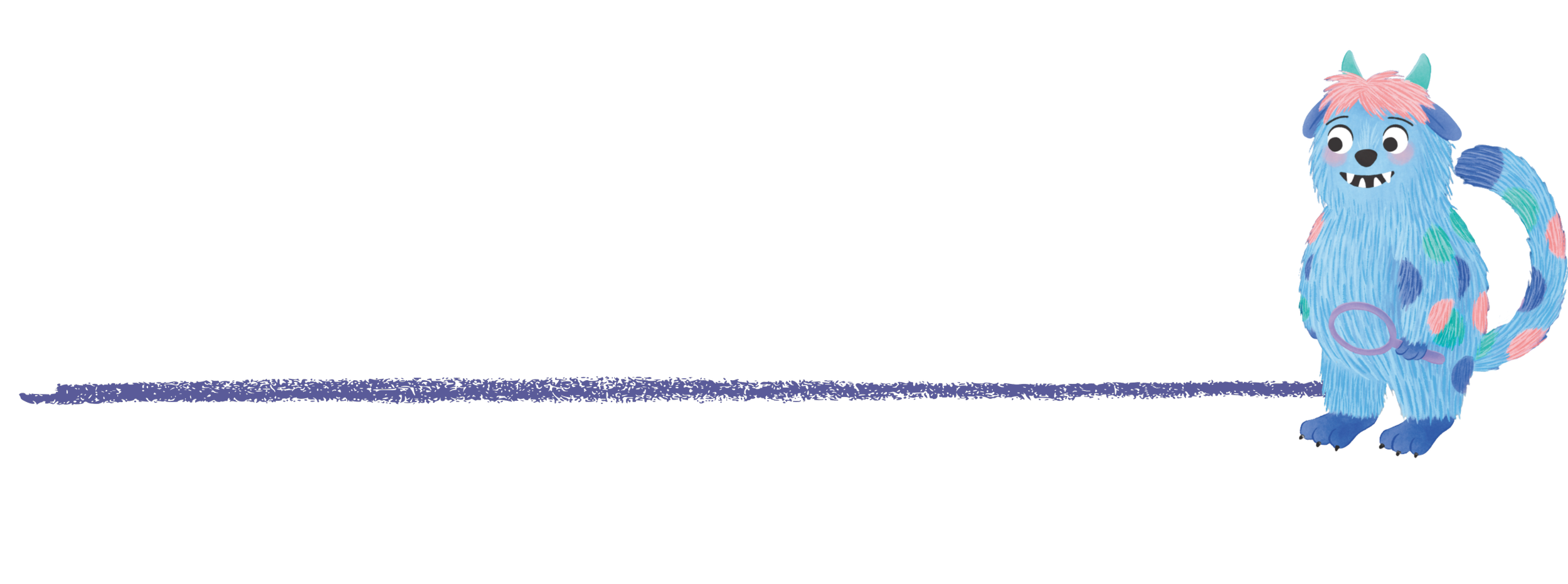 Colorful cartoon monster with pink hair, blue fur with multicolored patches, holding a magnifying glass, standing next to the word "Creepella" on a black background.