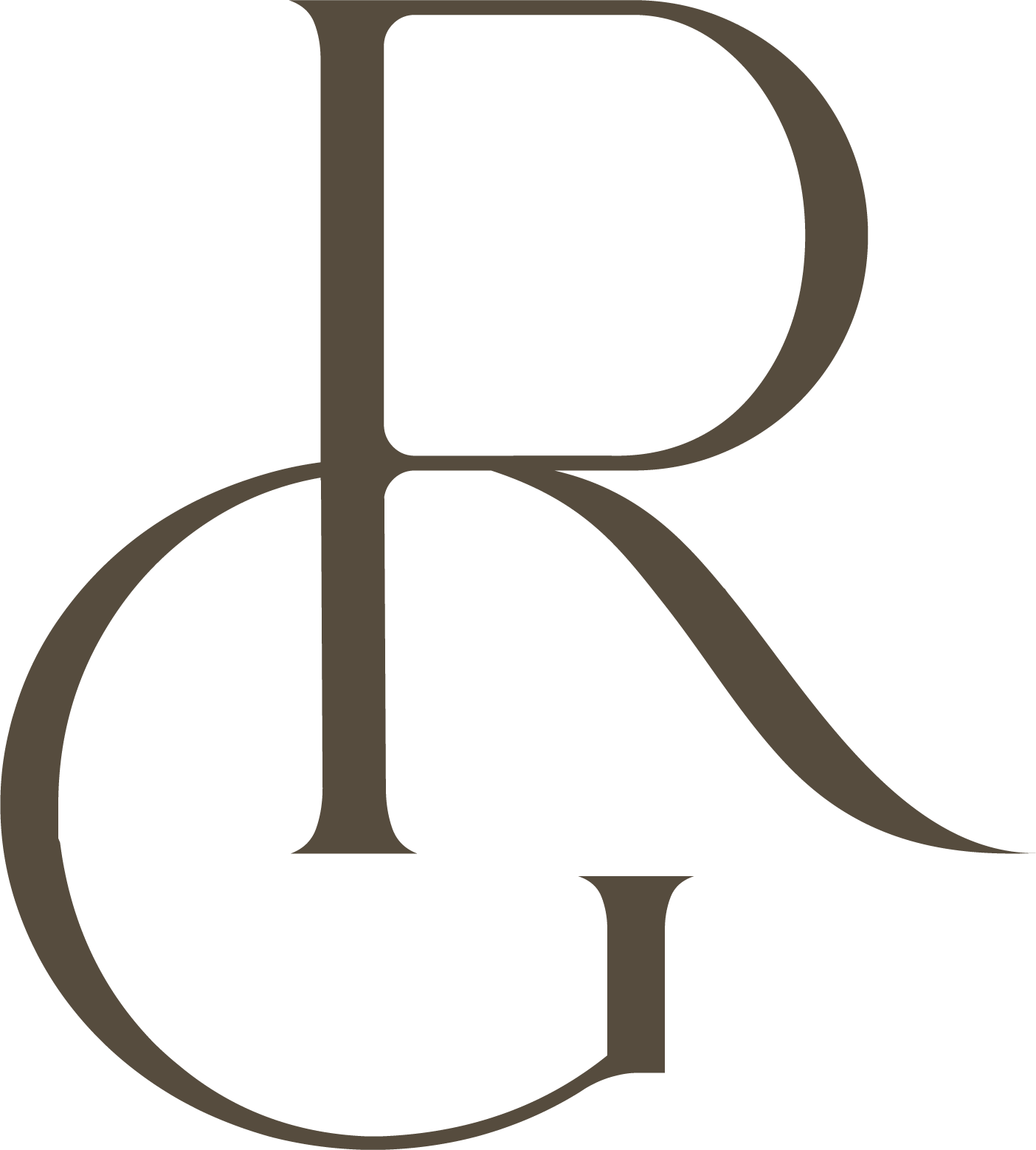 A large black and brown stylized letter R.