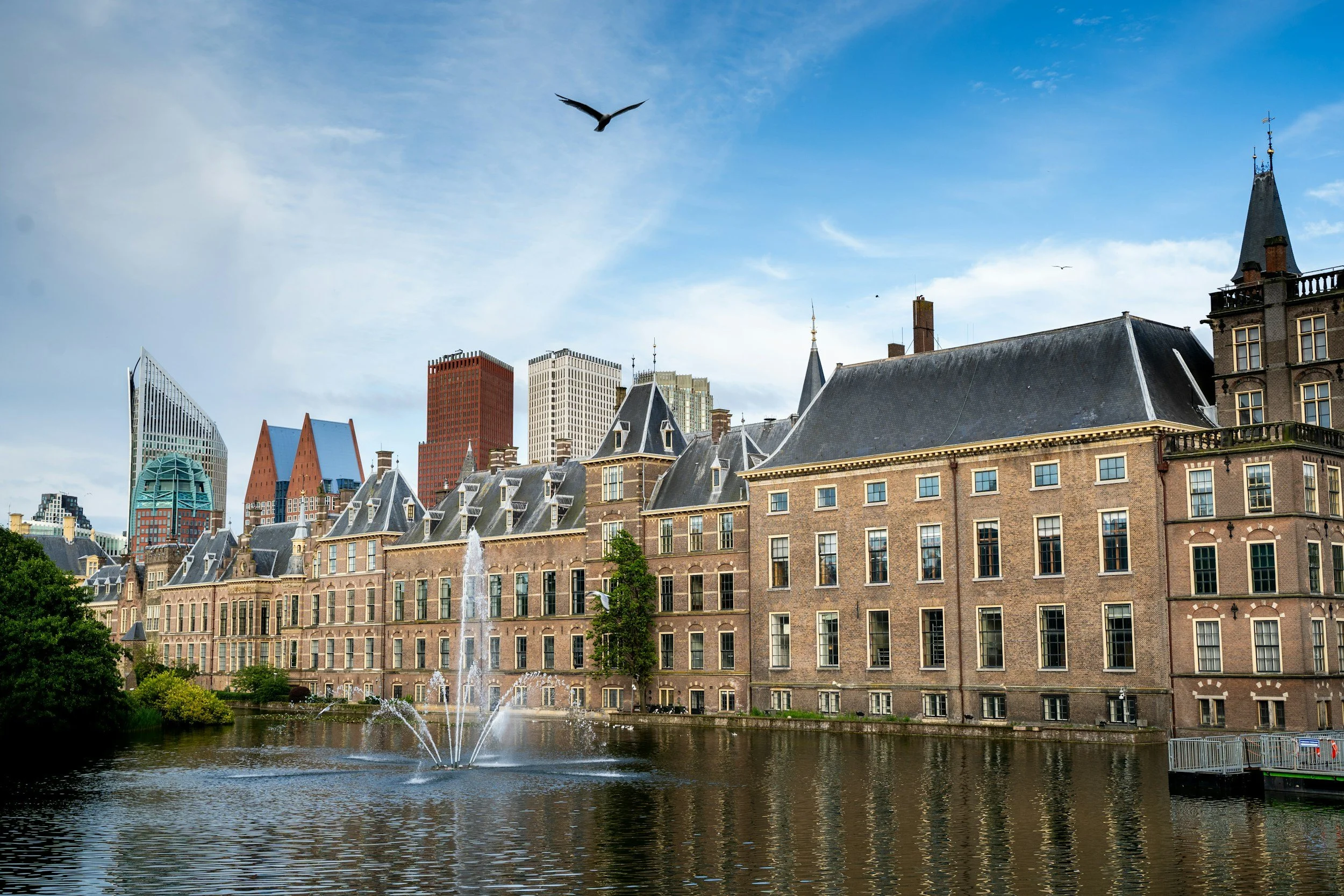 Een stedelijk landschap met een waterpartij, historische gebouwen met steile daken en moderne hoge gebouwen op de achtergrond, onder een blauwe hemel met enkele wolken en vliegende vogels.