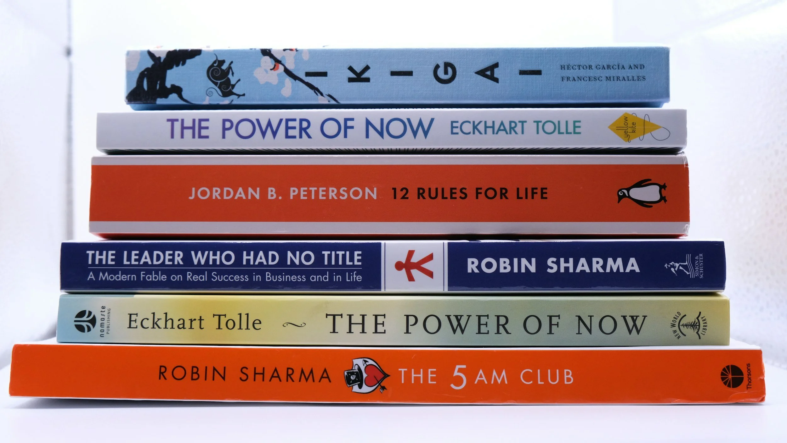 Een stapel van acht boeken met verschillende kleuren en titels, inclusief werken van Eckhart Tolle, Jordan B. Peterson en Robin Sharma.