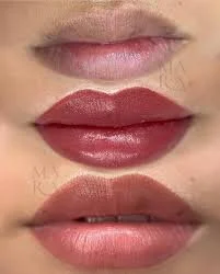 Close-up of three sets of lips with different lipstick shades, from top to bottom: nude, dark red, and light pink.