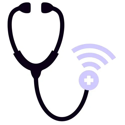 Icon of a stethoscope with a wireless signal and medical cross.