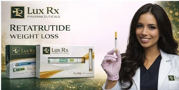 Smiling woman in lab coat holding a weight loss injection from Lux Rx Pharmaceuticals, with product boxes and a syringe displayed in the background.