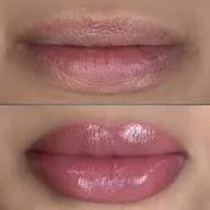 Close-up of lips before and after applying lip gloss