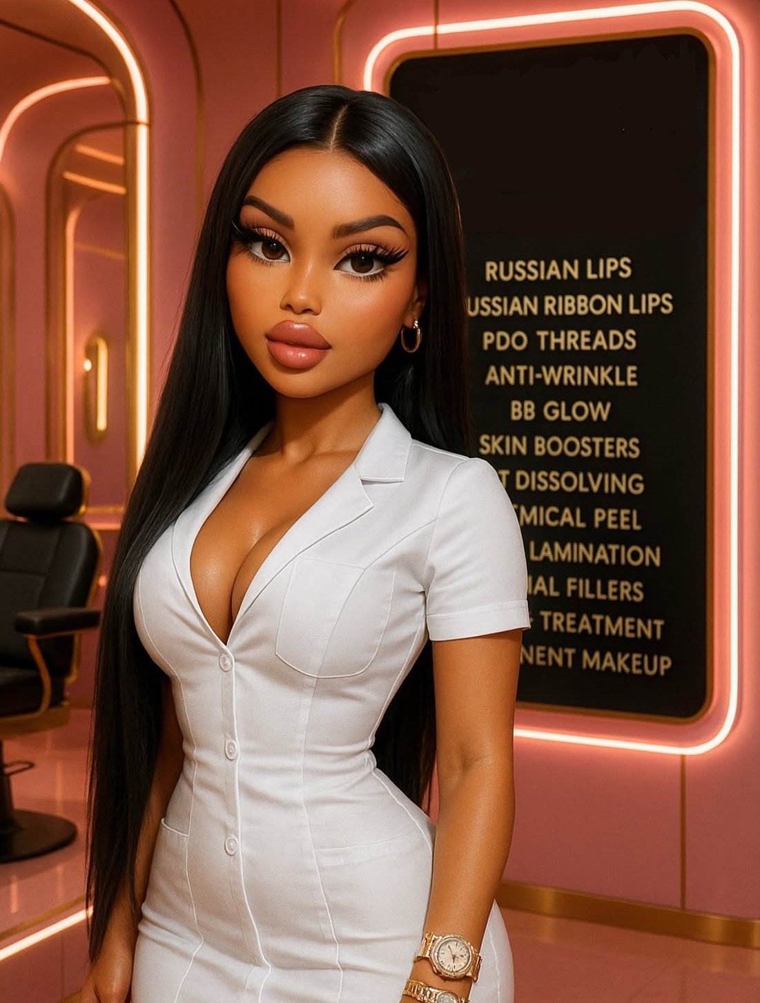 A woman with long black hair, wearing a white button-up dress, posing inside a beauty clinic with a menu board behind her.