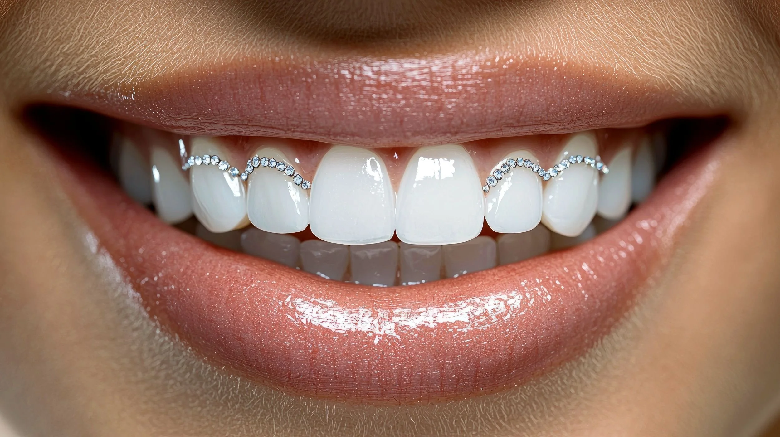 Close-up of a person's smile showing white teeth with a decorative teeth jewelry, and lips with glossy lipstick.