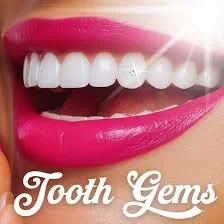 Close-up of a smiling person's mouth with white teeth and pink lipstick, with the text "Tooth Gems" at the bottom.