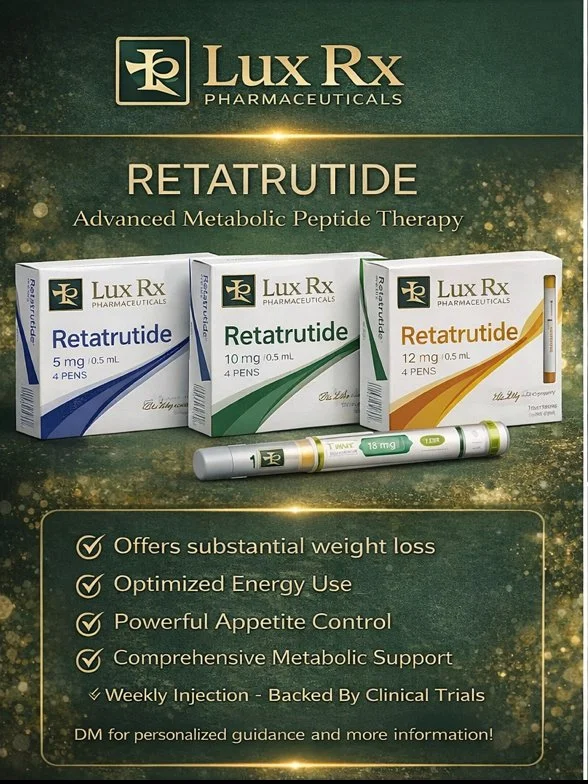 Lux Rx Pharmaceuticals Retatrutide advertisement featuring medication boxes and a injection pen, highlighting benefits such as weight loss, energy, appetite control, and metabolic support