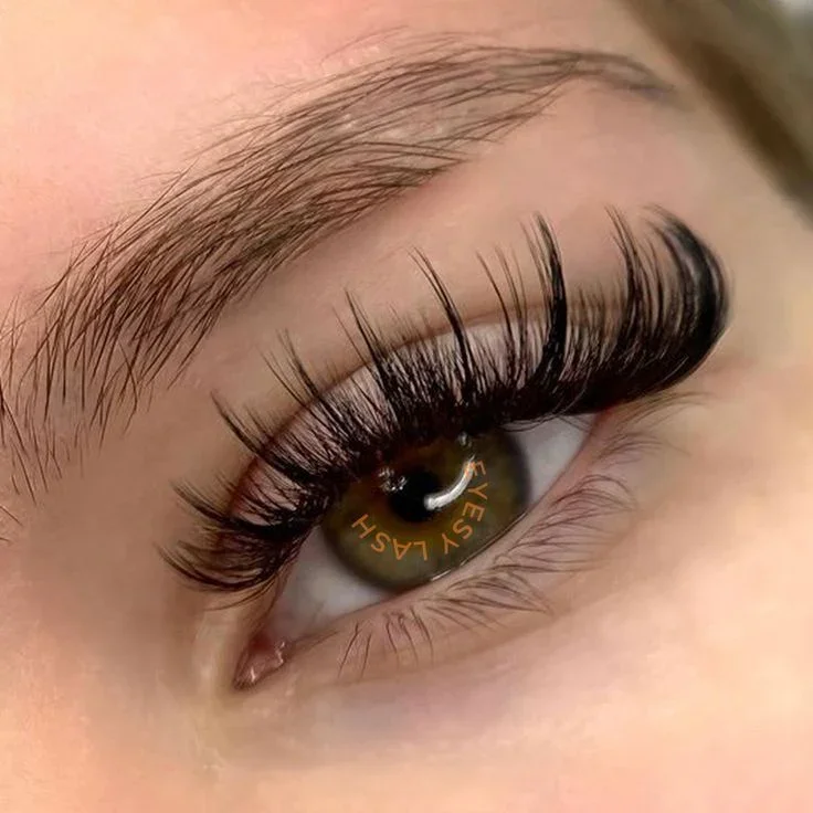 Close-up of a human eye with long, curled eyelashes and brown iris.