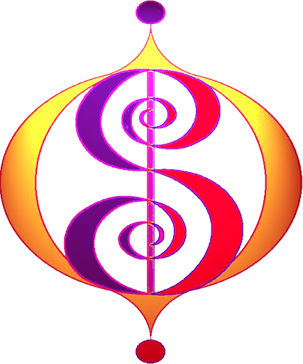 Farbiges Symbol mit Symmetrischer Gestaltung, bestehend aus Kreisen, Linien und gespiegelten Mustern in Lila, Rot, Gelb und Schwarz.