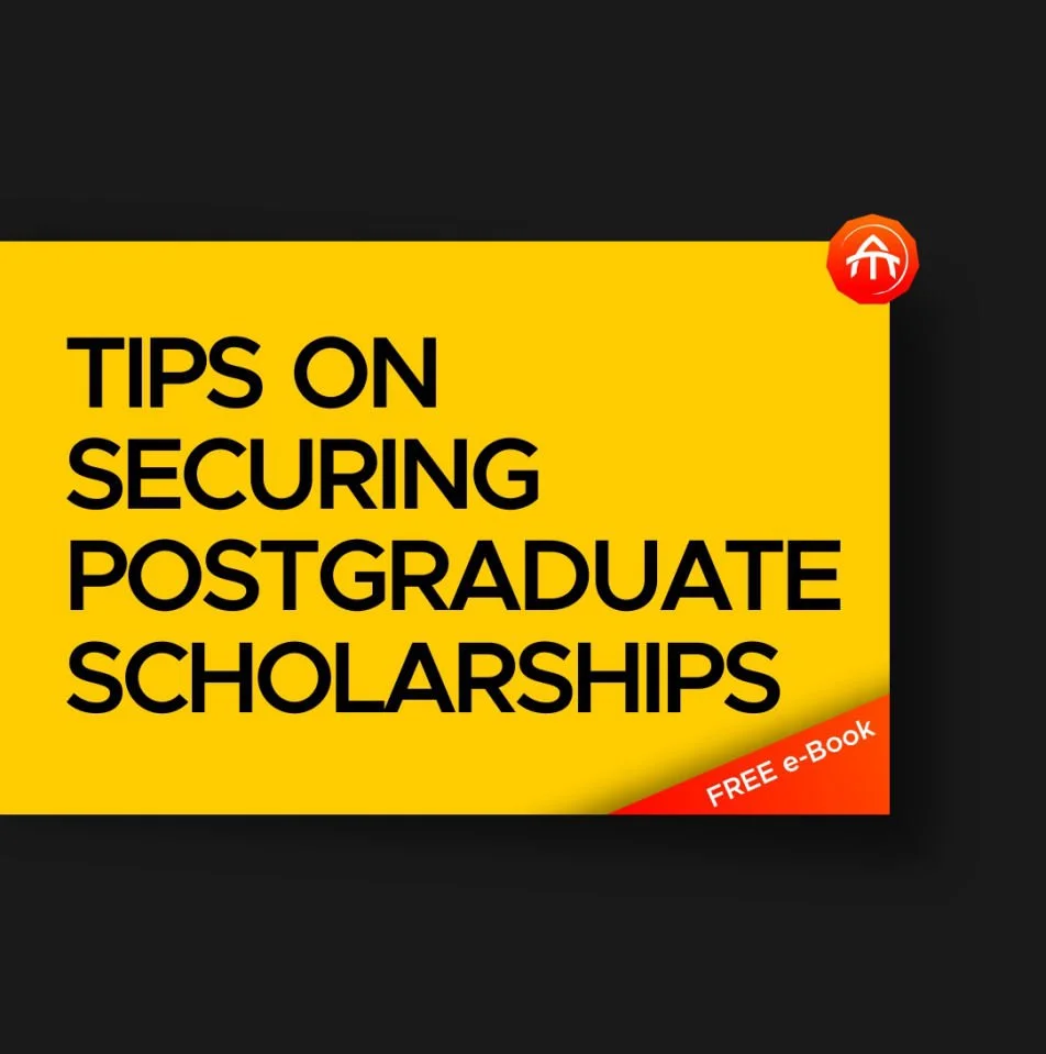 A promotional graphic for a free e-book offering tips on securing postgraduate scholarships, featuring bold black text on a yellow background with a red corner label.