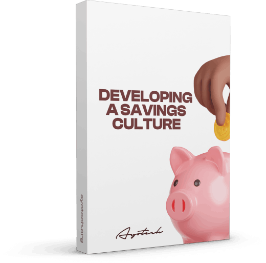 Book titled Developing a Savings Culture with a pink piggy bank and a hand placing a coin