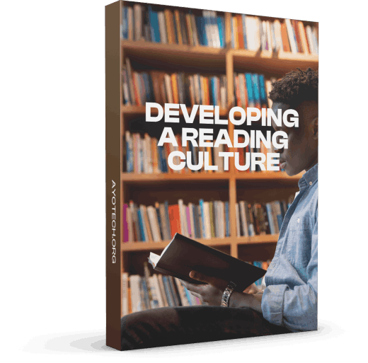 A book titled 'Developing a Reading Culture' with a young person reading in a library or bookstore setting.