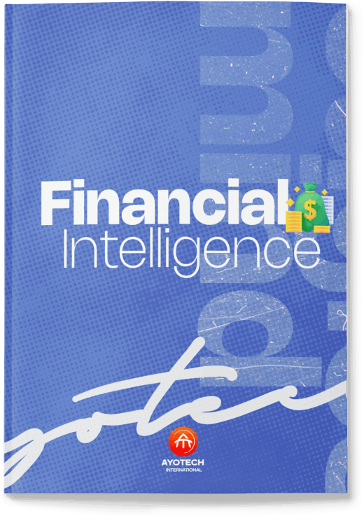 Book cover titled 'Financial Intelligence' with a blue background, large white text, and icons of money and a credit card. Published by Ayotech International.