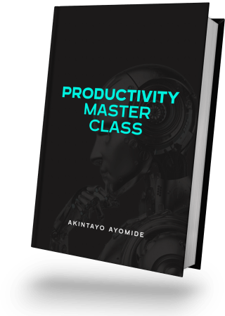 Book titled 'Productivity Master Class' by Akinayo Ayomide with a dark background and a faint human face with technological elements.